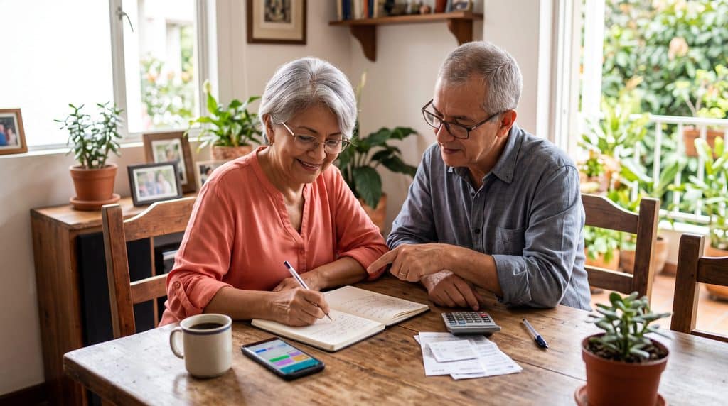 Mujer de 60 años con su esposo de edad parecida sentados en el comedor de su casa, sacando cuentas financieras.