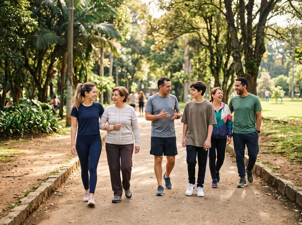 Grupo de personas de distintas edades caminando juntas en un parque como hábito para cuidar la salud mental.